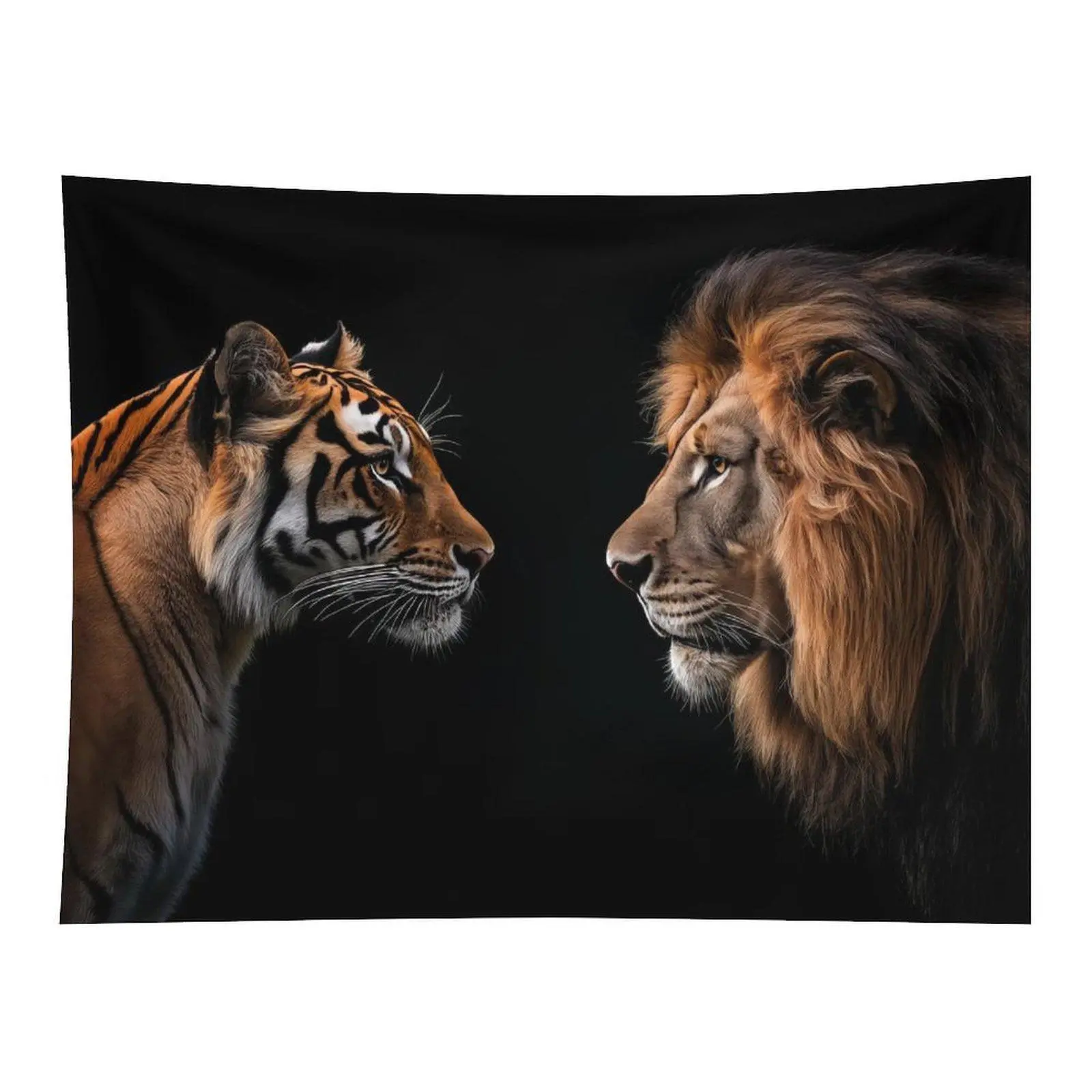 Black Background Lion Vs Tiger Face To Face Wild Animal Wall Tapestry Wall Hanging, Majestic Jungle Beast Contrast Portrait Decor for Masculine Man Cave Bedroom Ornament