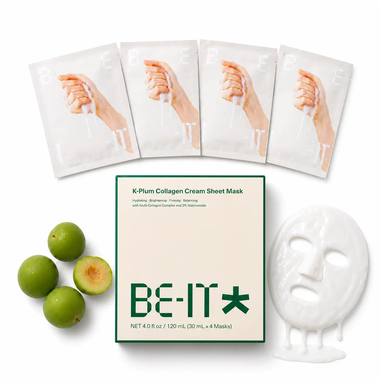 BE-IT K-Plum Korean Collagen Face Mask, 4-Pack Hydrating Sheet Masks with 30ml Cream Essence, Niacinamide, 9-Layer Hyaluronic Acid, Ceramide for Radiant, Plump-Looking Skin