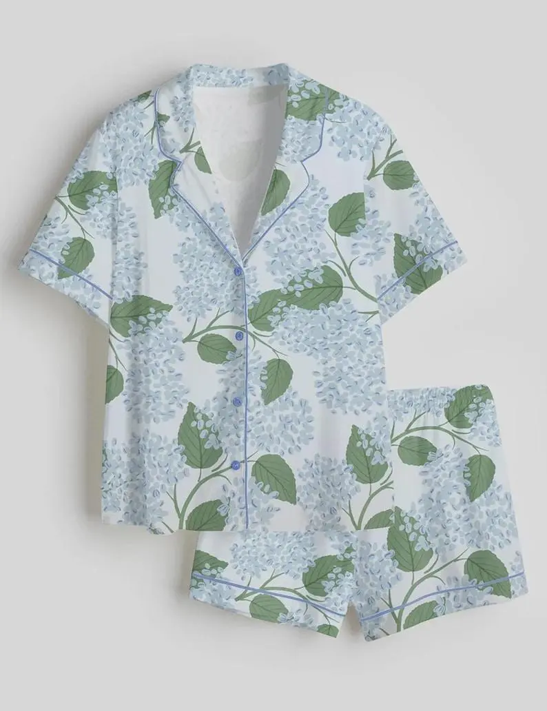 Elegant Hydrangea Pajama Set, Floral Satin Lounge Set for Women & Girls, Wedding Getting Ready Sleepwear, Bridesmaid Gift