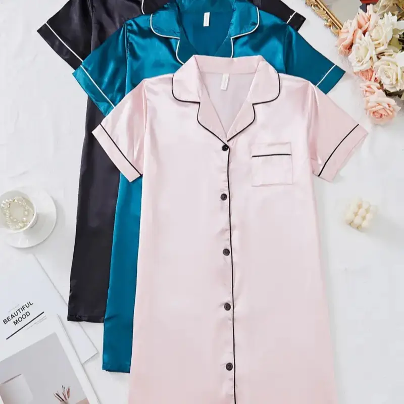 Women's Satin Pajama Dress, Contrast Binding Button-Front Short-Sleeve Lapel Nightdress with Pockets, All-Season Sleepwear Dresses