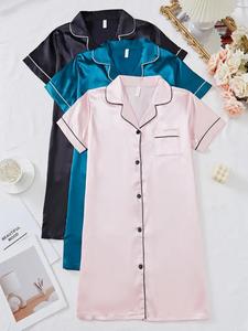 women's contrast binding button front satin pyjama dress, soft casual cute elegant comfy short sleeve lapel neck pocket nightdress, ladies sleepwear for all seasons, pajamas, womenswear, pajama set