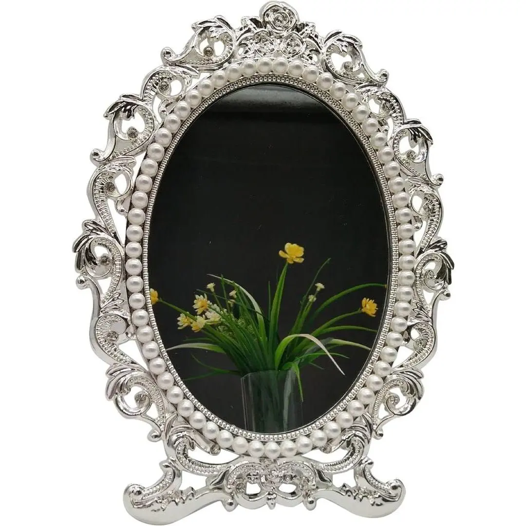Vintage Vanity Makeup Mirror for Desk - Antique Small Table Decor, Silver | Art Nouveau Decorative with Stand, Frame for Tabletop Office Bedroom Furniture Room Bathroom Home Wall Dresser Accessories