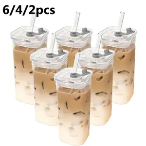 2-Pack 12oz Reusable Glass Travel Cups, Heat-Resistant and Shatterproof, with Lid and Straw, Ideal for Cold and Hot Drinks, Perfect for Outdoor Travel, Tumbler