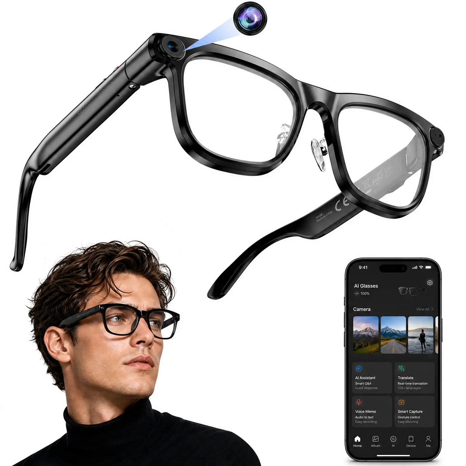 Wearable Rechargeable AI Smart Camera Glasses - 8MP Camera, 1080P HD Video Recording, Wireless Bluetooth Audio, AI Translation, Voice Assistant, 16GB Storage, WiFi App, IP65 Waterproof Electronic for Travel, Cycling