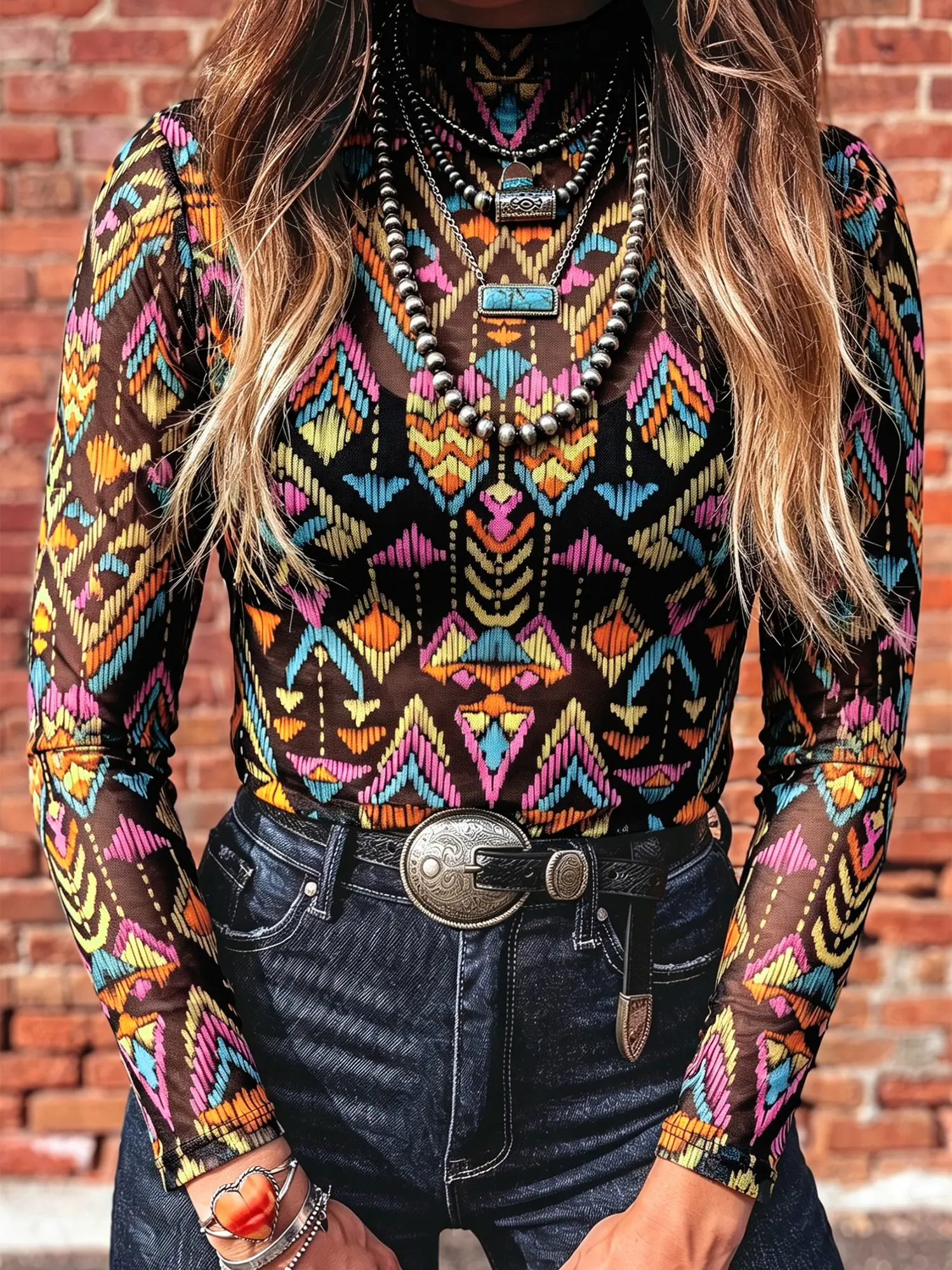 Women's Western Aztec Print Sheer Mesh Top Mock Neck Long Sleeve Layering Shirt