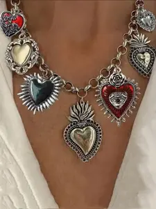 Vintage Alloy Material Religious Multi-sacred Heart Pendant Necklace, Elegant Durable Catholic Jewelry for Women, Perfect Gift for Religious Beliefs Enthusiasts, Daily Wear, Heart Shaped Necklace