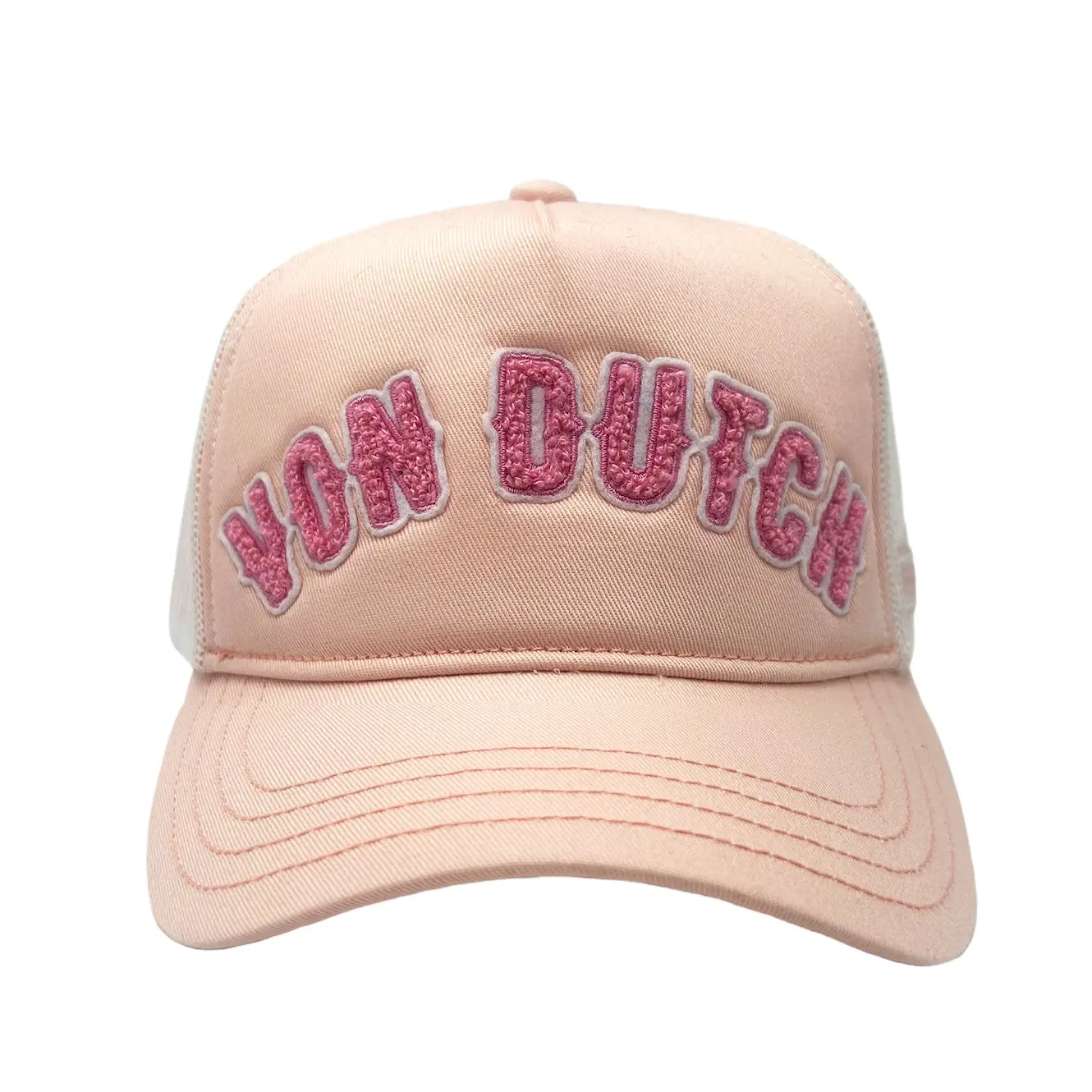 White and Pink Curved Terry Logo Trucker