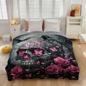 Dark Gothic Skull Rose Butterfly Print  Flannel Blanket , Comforter Soft and Warm Blanket  , Lightweight Flannel Throw for Sofa, Bed, Travel, Camping, Livingroom, Office, Couch, Chair, and Bed ,All Seasons