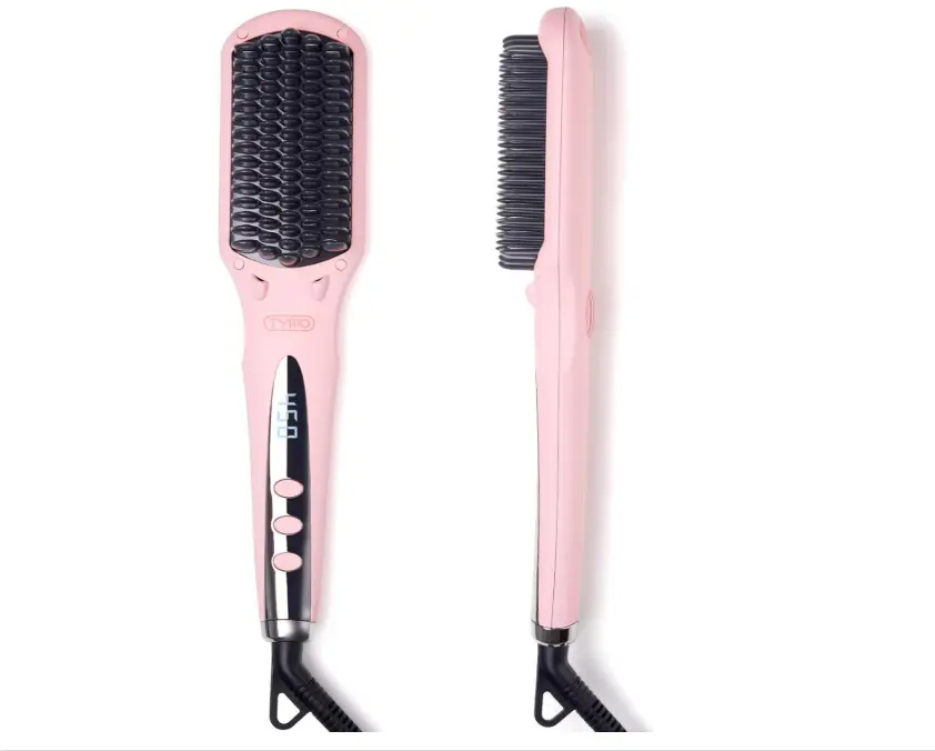 TYMO Ionic Hair Straightener Brush - Straightening Comb with 10M Negative Ions, 25s Heat-up, 16 Temps, Dual Voltage, LED Display | Ceramic Hot Comb Hair Brush Straightener for Women, Pink