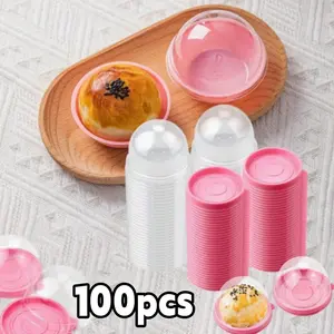 100 Set Pink Round Disposable Dessert Flip-Top Packaging Box | Clear Plastic Cake Box with Dome Lids for Cupcake, Muffin, Mooncake, Dessert, Cheese Pastry, Candies, and Chocolates