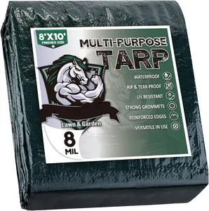 8x10 Ft Waterproof Tarp 8 Mil Thick – Heavy Duty Green Tarpaulin Cover for Camping, Rain Shelter, Outdoor Protection