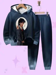 Girls' 3D Printed Wednesday Hoodie Set, Casual Fitted Sweatshirt with Random Print, Perfect Gift for Spring & Fall