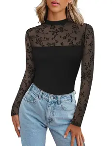Long Sleeve Gothic Lace Tops Mesh Sheer Crew Neck Slim-Fitting Blouse for Women's Sexy Fall Going Out