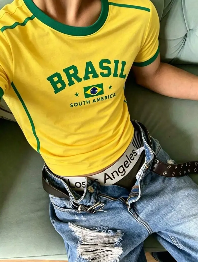 Men's Brazil Basketball Jersey Style T-Shirt, Graphic Sports Tee, Casual Summer Streetwear Top