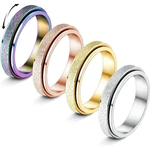 FLORIDECO 4PCS Stainless Steel Fidget Rings for Women Men 2/4mm Spinner Rings for Anxiety Relief Sandblast Glitter Finish Sizes 5-9 Daily Wear