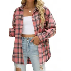 Women’s checkered print button-up shirt, spring and autumn casual long-sleeve collared top, women’s everyday wear GARMENTARY