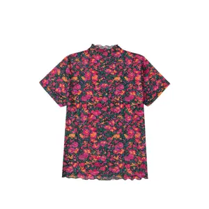 Women's Plus Size Floral Mesh Top – Short Sleeve Sheer Round Neck T-Shirt, Western Rock Style