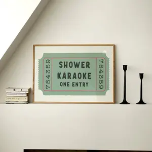 Shower Karaoke Ticket Wall Art - Green Retro Cream Print, Unframed Decor, 5 size, 8x12 to 27x40 inch