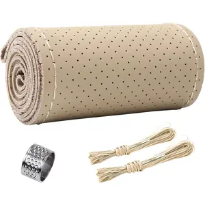 Steering Wheel Cover, Anti-Slip Breathable  Steering Wheel Stitching Wrap, DIY Sewing with  Thread, 15 Inch Stitch on Wrap  Steering Wheel Cover (Beige, Hole)