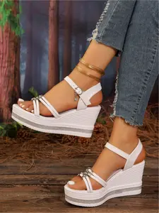Thick sole wedge sandals for women's summer new style exterior wedge heels super high heels butterfly open-toe elastic band sandals for women's casual vacation women's shoes Heeled Wedge Shoes