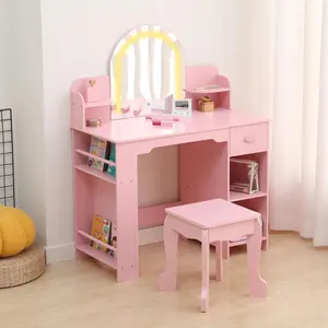 Garvee Vanity Set for Children with Illuminated Mirror, 2-in-1 Table and Stool, Makeup Station with Shelf, Drawer, and Open Storage for Ages 3 to 9