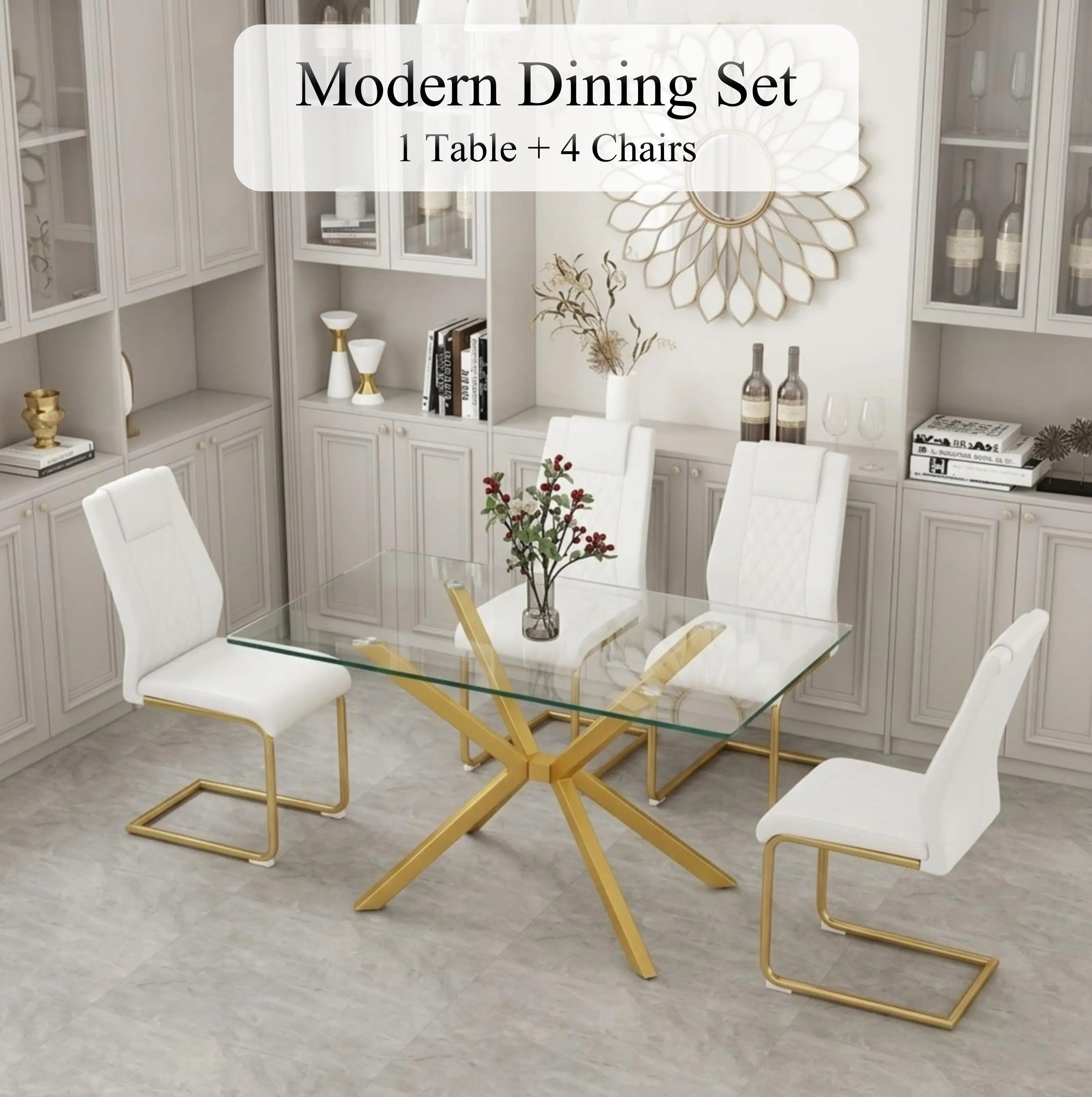 【2 Packages】5-Piece Dining Set: 47" Clear Tempered Glass Table + 4 White PU Leather Chairs with Gold Legs for Kitchen Dining Room   dining furniture