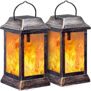 Solar Lights Metal Flickering Flame Solar Lantern Outdoor  Lanterns Lighting Heavy Duty Solar   LED Flame Lights for Patio Garden Christmas Decorations, 2 Pack (Bronze)