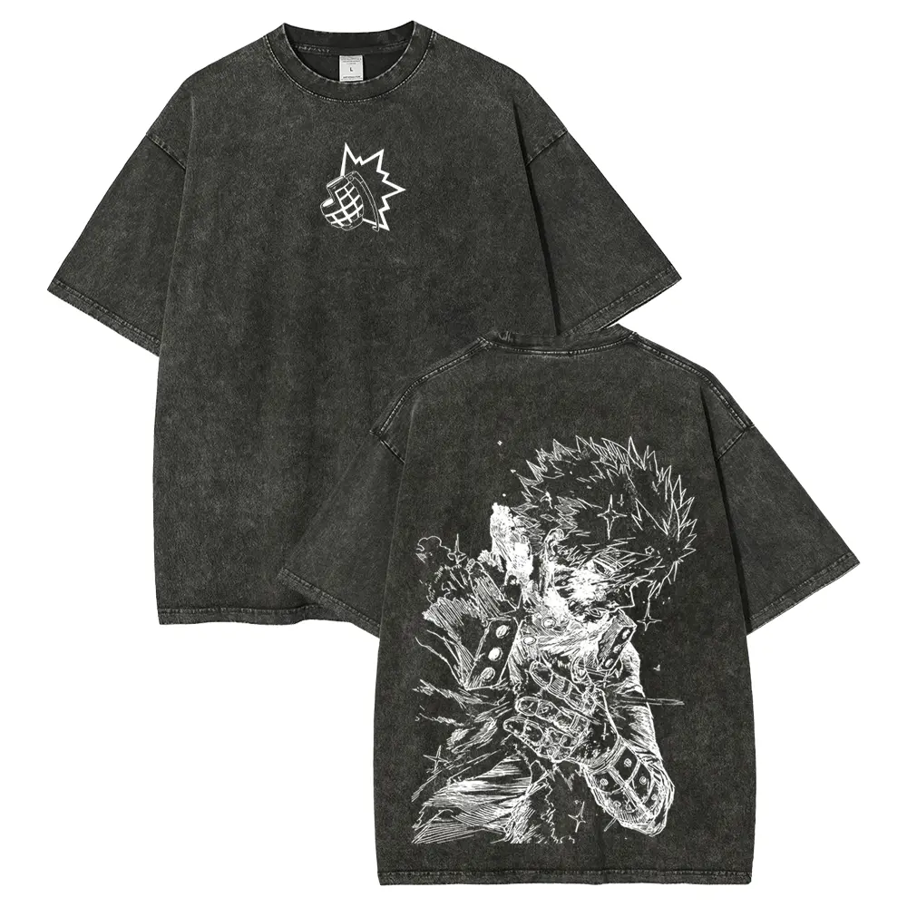 Katsuki Bakugo My Hero Academia Anime Double Printed Vintage Washed Tee, Unisex Oversize Anime Manga Washed Heavyweight Cotton T-shirt, Gift For Anime Fan Lover