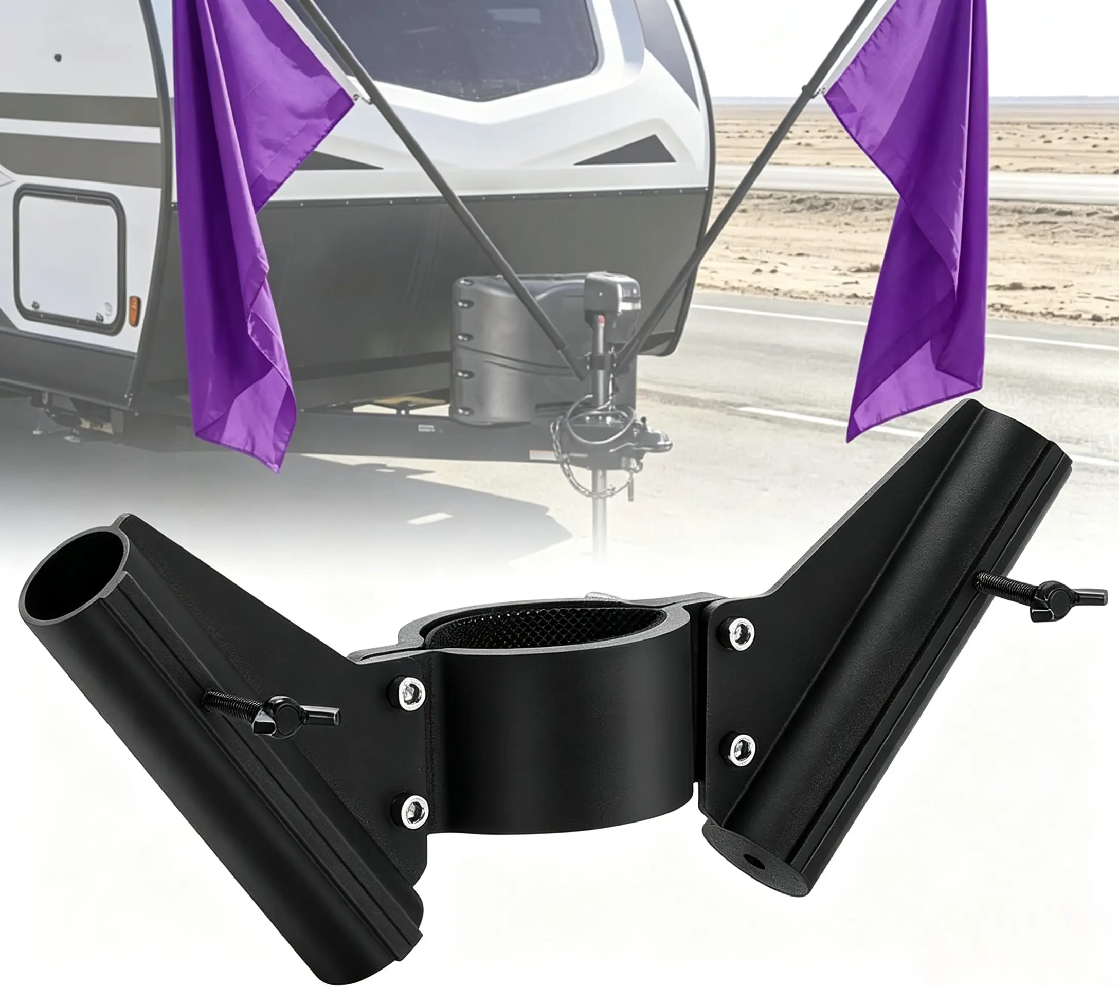RV Dual Flag Pole Mount for Trailer Tongue Jack, Aluminum Flag Holder with Wing Screw Locking, For Flagpoles Up to 1'', Fits 2" & 2¼" Jack Tube, RV Essential Accessories