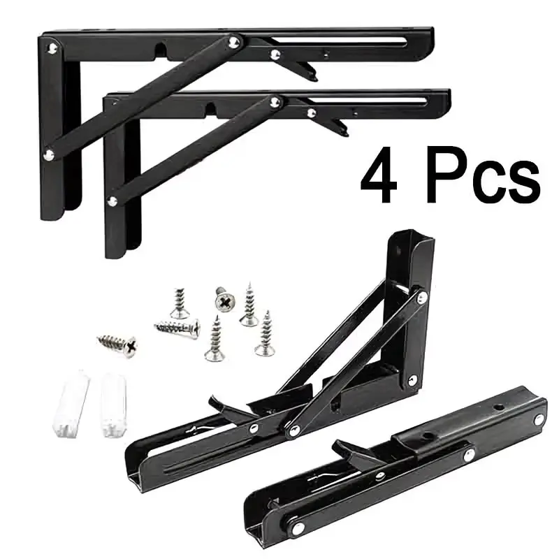 4-Piece Stainless Steel Folding Shelf Stands, Space-Saving DIY Stand, Heavy-Duty Floating Triangle Rack, Wall-Mounted Triangular Support, Mounting Brackets, Sturdy Bracket