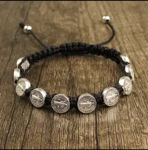 Pulsera artesanal con medalla de San Benito, rosario trenzado, moneda, cruz con cuentas, pulseras clásicas de oración, joyería religiosa católica
