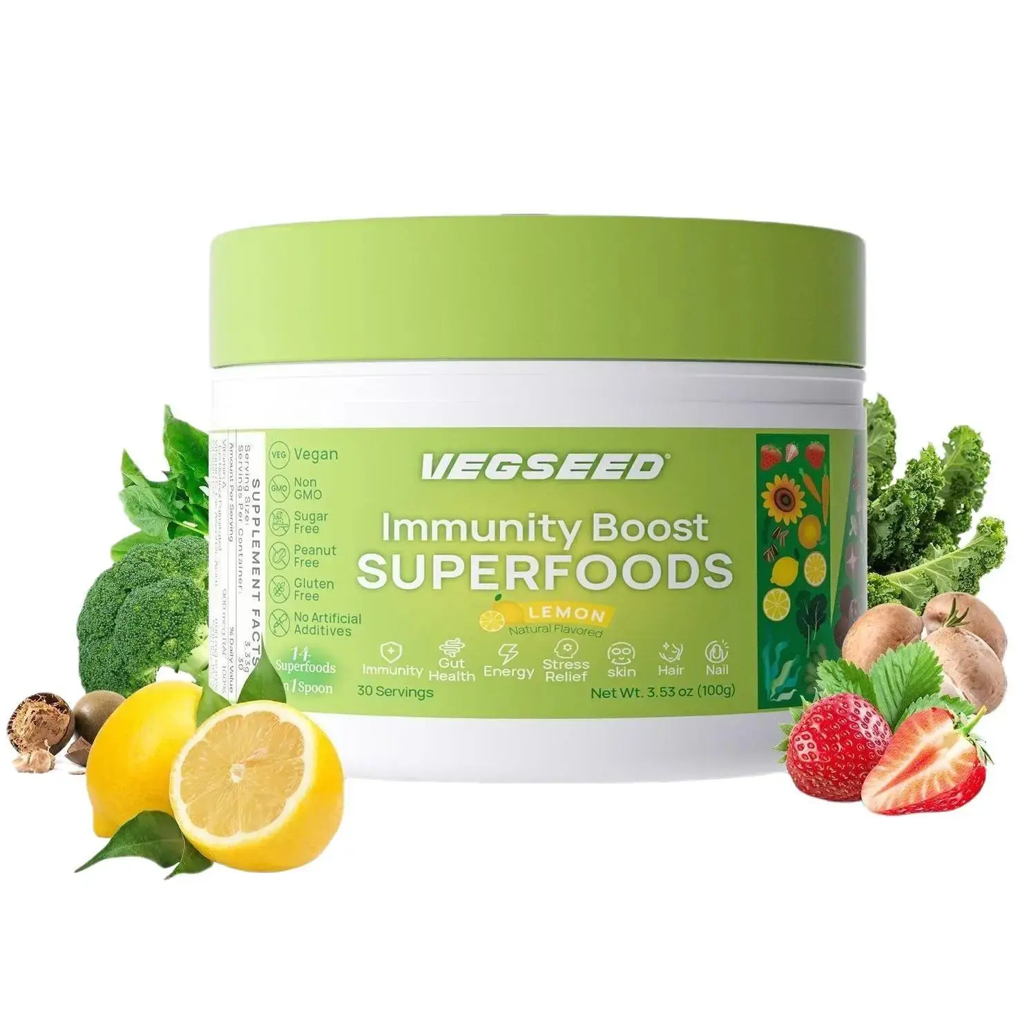 Vegseed Immunity Greens Superfoods Powder, Support Immunity, Gut Health, Energy, Stress Relief, Skin, Nails, Hair, Multi-Vitamins, 30SVG, 100 Grams