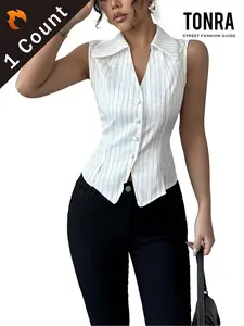 Women's Striped Print Curved Hem Crop Button Front Collared Blouse, Casual Sleeveless Top for Summer, Ladies Clothes for Daily Wear, Shirts, Button Up Blouse