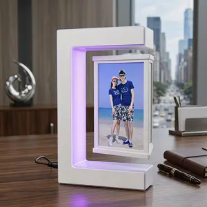 Magnetic Levitation Photo Frame, 360° Rotating Floating Picture Frame with RGB LED Night Light, Creative Desktop Decor for Home Office Bedroom, Unique Romantic Gift for Valentine's Day Birthday