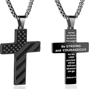 American Flag Cross Necklace for Men with Bible Verse | Silver & Black Stainless Steel Patriotic Pendant Christian Religious Jewelry | Birthday, Graduation, Christmas Gift with