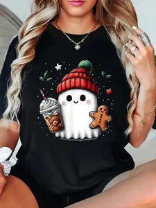 Retro Ghost Beanie Christmas Holiday Xmas Coffee Gingerbread T-Shirt women's graphic tees