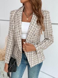 womenswear plaid print button lapel blazer, jackets for women, elegant casual fitted chic long sleeve coat for autumn & winter, ladies longsleeves clothes for work office business, women suits, lapel neckline blazer, trendy blazer, formal business suit