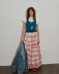 Women's Fit Cotton Breathable Casual Ruffled A-Line Tiered Plaid Maxi Skirt, Women's Clothes Bottom