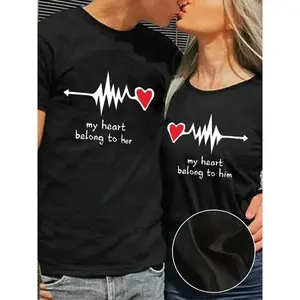My Heart Belong to Her Him Couple Shirt for Him And Her Couple Crewneck Outfit King And Queen Tshirt Husband And Wife Shirt 1pc Couples Matching Shirts for Him And Her Men Women King Queen Print Valentine'S Day Short Sleeve Couple T-Shirt