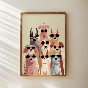 [SALE UP TO 40%] [Unframed] Dogs in sunglasses poster funny animal print for kids cute dog nursery decor pastel dog wall art children’s room dog Art Children's Room Art