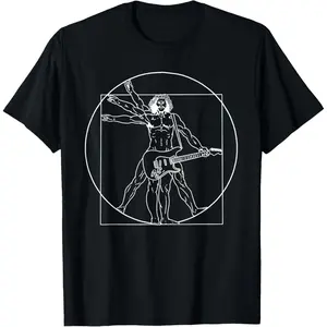 Da Vinci Vitruvian Man Guitar T-Shirt for Guitar Players Musicians Classic Art Music Lover Gift Short Sleeve Tee
