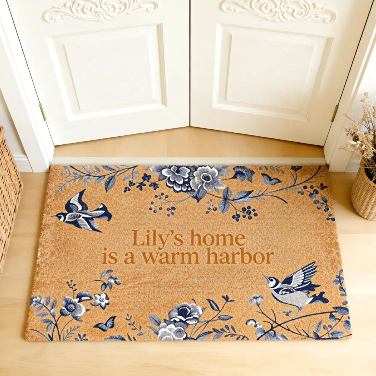 Custom Name Doormat,Blue Floral Welcome Mat,Personalized Bird & Flower Entry Mat,Housewarming Gift,Warm Harbor Decor,Front Porch Mat