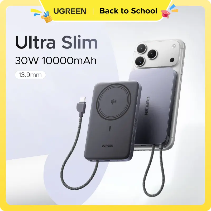 UGREEN Magflow Air Qi2 Magnetic Mobile Power Bank 10000mAh -15W Wireless 30W Fast Chargeable External Battery Pack with Built-in USB-C Cable,MagSafe Compatible for iPhone 17/16/15/14 Pro Max,EDC Gear for On the Road,Portable Charger,tiktokshopbacktoschool