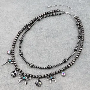 Western Checker Bow Charm Necklace with Beaded Layers and Delicate Charms for Stylish Outfits