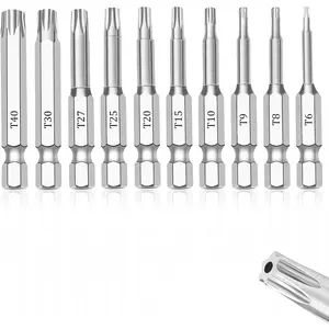10 Piece Security Torx Bit Set (T6-T40), 1/4 Inch Hex Shank S2 Steel Magnetic Tamper Proof Star Screwdriver Bit Set 2" Long