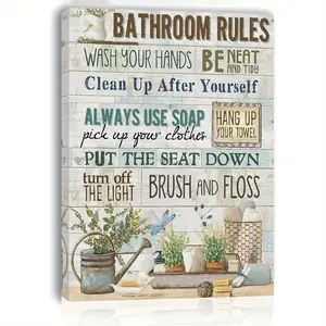 1pc Wooden Framed Bathroom Rules Canvas Wall Art, Rustic Farmhouse Decor with Humorous Bathroom Etiquette Print,Woven Home & Office Decoration, Perfect for Living Room, Bedroom, Kitchen, or Festival Gift, Bathroom Decor, Perfect for Room Decor