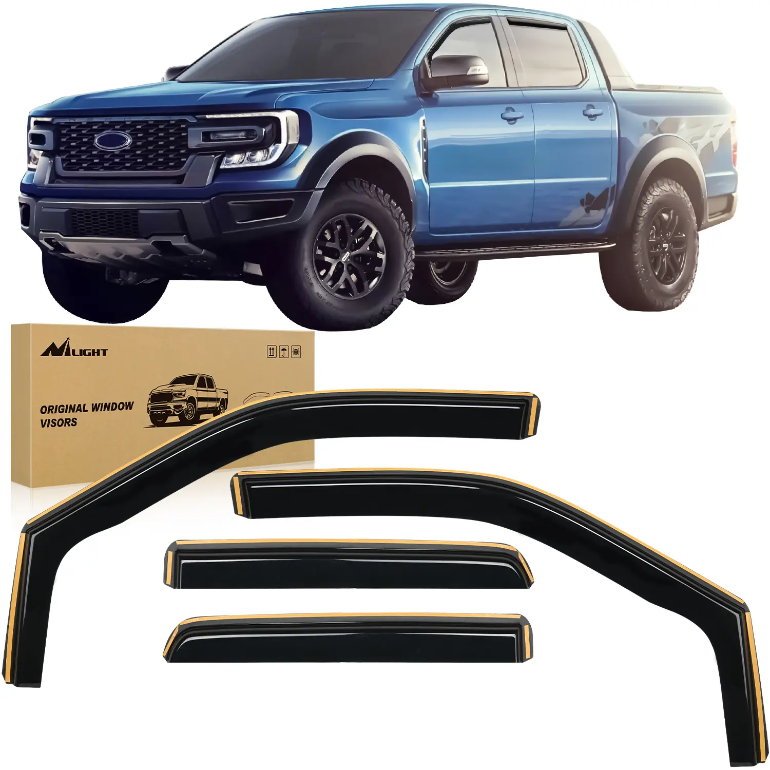 Nilight Custom Acrylic Vent Window Visors - 4pcs Durable Car Accessories Wind Deflector with Glare Reduction & Deflection for Ford F-150 SuperCrew/SVT Raptor SuperCrew 2015-2023, Tool-Free Easy-Install Truck Replacement Part (Blue, Father's Day Gift)