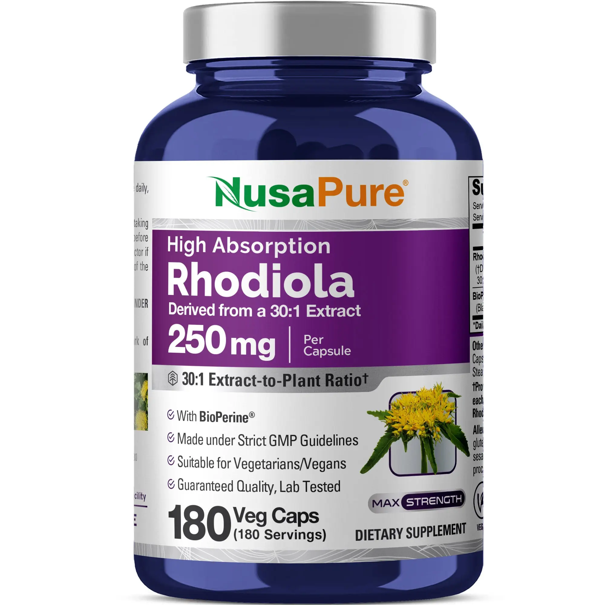 NusaPure Rhodiola Rosea Supplement, 250mg per Capsule, 180 Veggie Caps - 30:1 Extract, Non-GMO, Vegan, Gluten-Free, Bioperine, Botanical Herbal Vitamins; Best in Morning/Early Afternoon for Cognitive Function & Brain Health, Consult a Doctor Before Taking