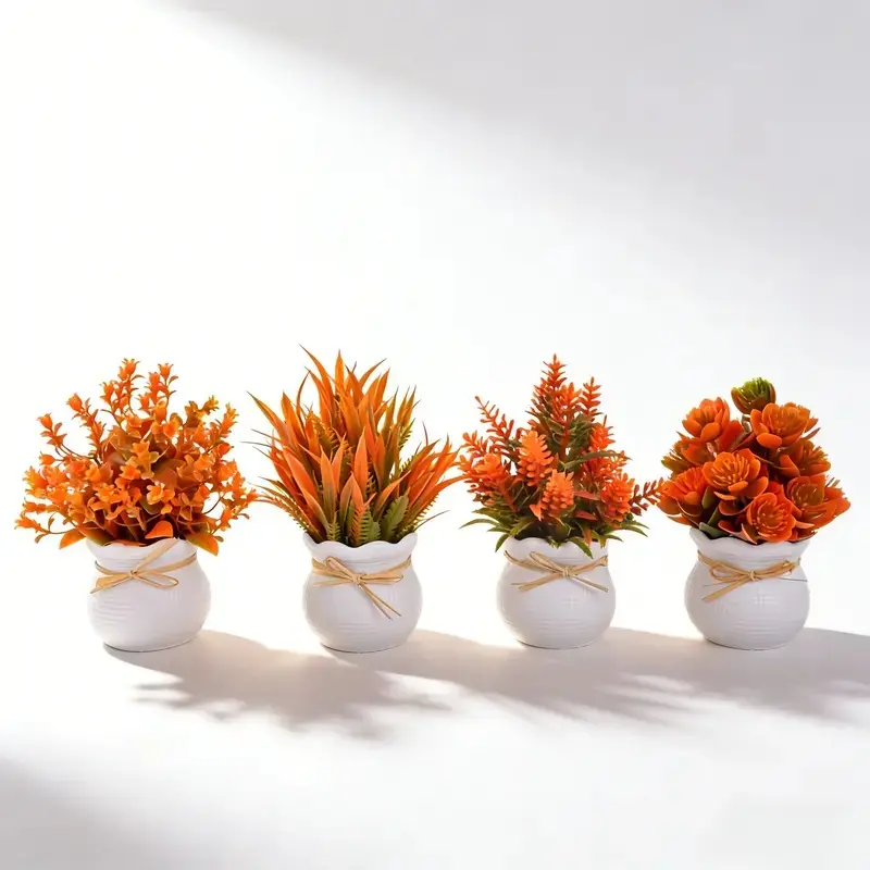 4PCS Realistic Faux Eucalyptus Potted Plants Bundle - Wheat Plastic Indoor Decor, Kitchen Floral Accents, Autumn Gourd Pot Set, Cottagecore Small Patio & Tabletop Styling for Thanksgiving, Halloween