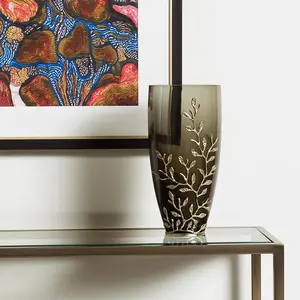 360 stand 15 in. Hand-Finished Green & Gold Leaf Round Glass Table Vase, Contemporary Modern Home Decor Flower Centerpiece, Ideal Decoration Gift for Home Supplies